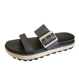 Sorel Roaming Buckle Slide Chunky Black Leather Sandals Size 8